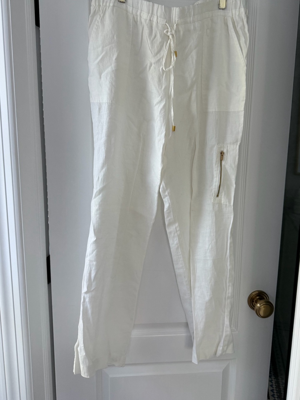 Ellen Tracy 100% Linen Cargo Jogger Pants White Chalk Large Beachy Pull On - Picture 2 of 8